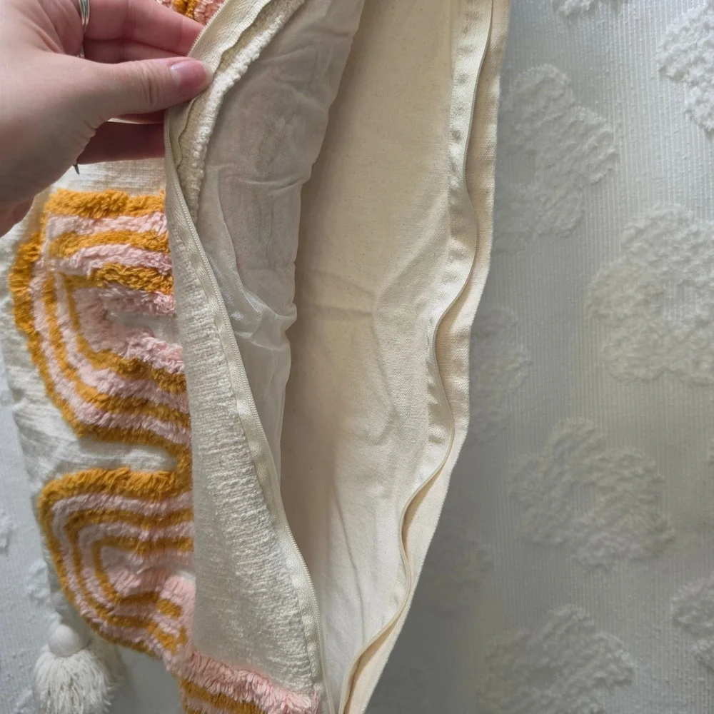 Nomad West Tufted Wavy Rainbow Lumbar Pillow Cover Cream‎ Mustard Pink Tassels